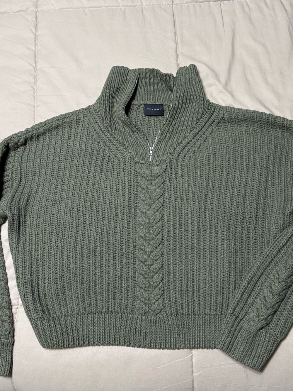 MIOU MUSE Sage Green Cable Knit Quarter Zip Sweater